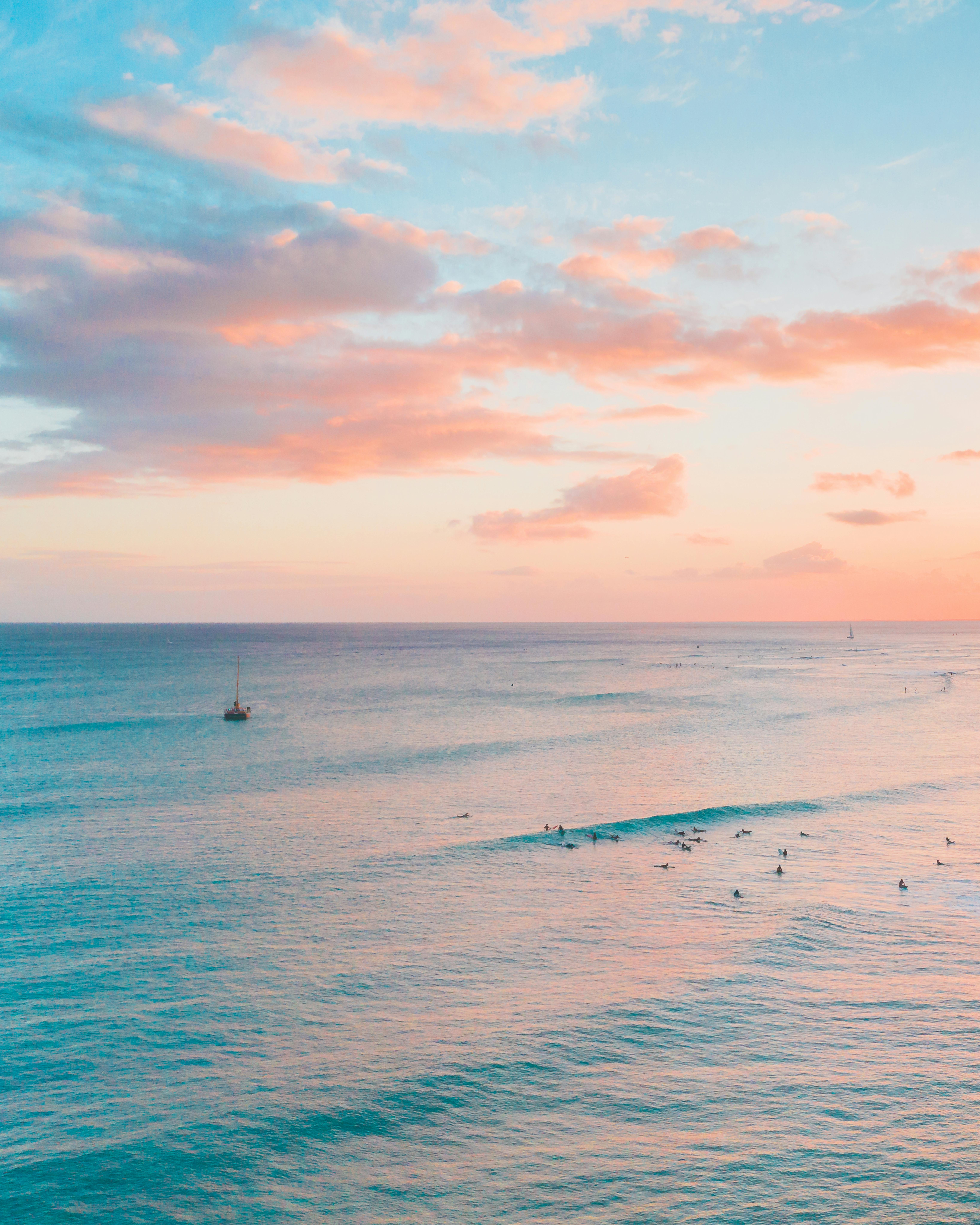 宁静的海洋日落下，温暖的粉红色天空中散布着船只和鸟类