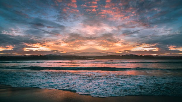 Stunning sunset over the ocean with dramatic clouds and vibrant colors, perfect for nature lovers.