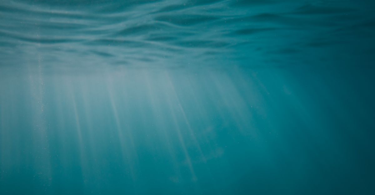 Calm underwater scene with sun rays penetrating the sea surface, creating a tranquil effect.