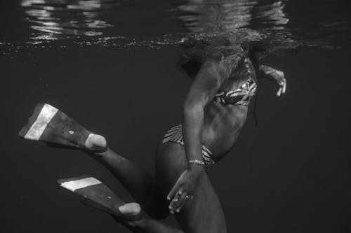 A Woman in a Bikini Swimming Underwater