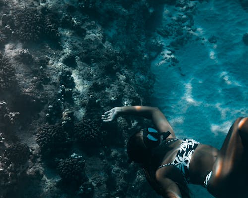 Woman in Bikini Swimming Underwater