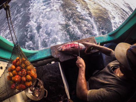 A fisherman skillfully prepares fish on a boat with a scenic ocean backdrop, showcasing a nautical lifestyle.