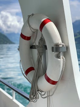 A close-up view of a lifebuoy mounted on a boat, overlooking a serene lake.