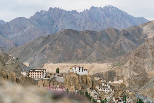 A breathtaking view of the Lamayuru Monastery in Ladakh, surrounded by stunning mountainous terrain.