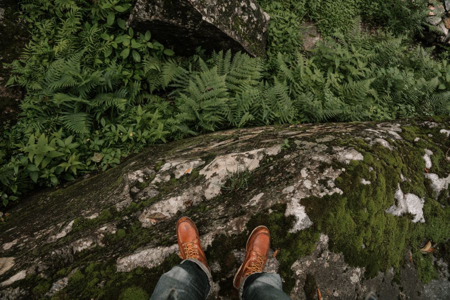 Aerial view of leather boots on a moss-covered rock beside ferns — ArtHouse Studio on Pexels