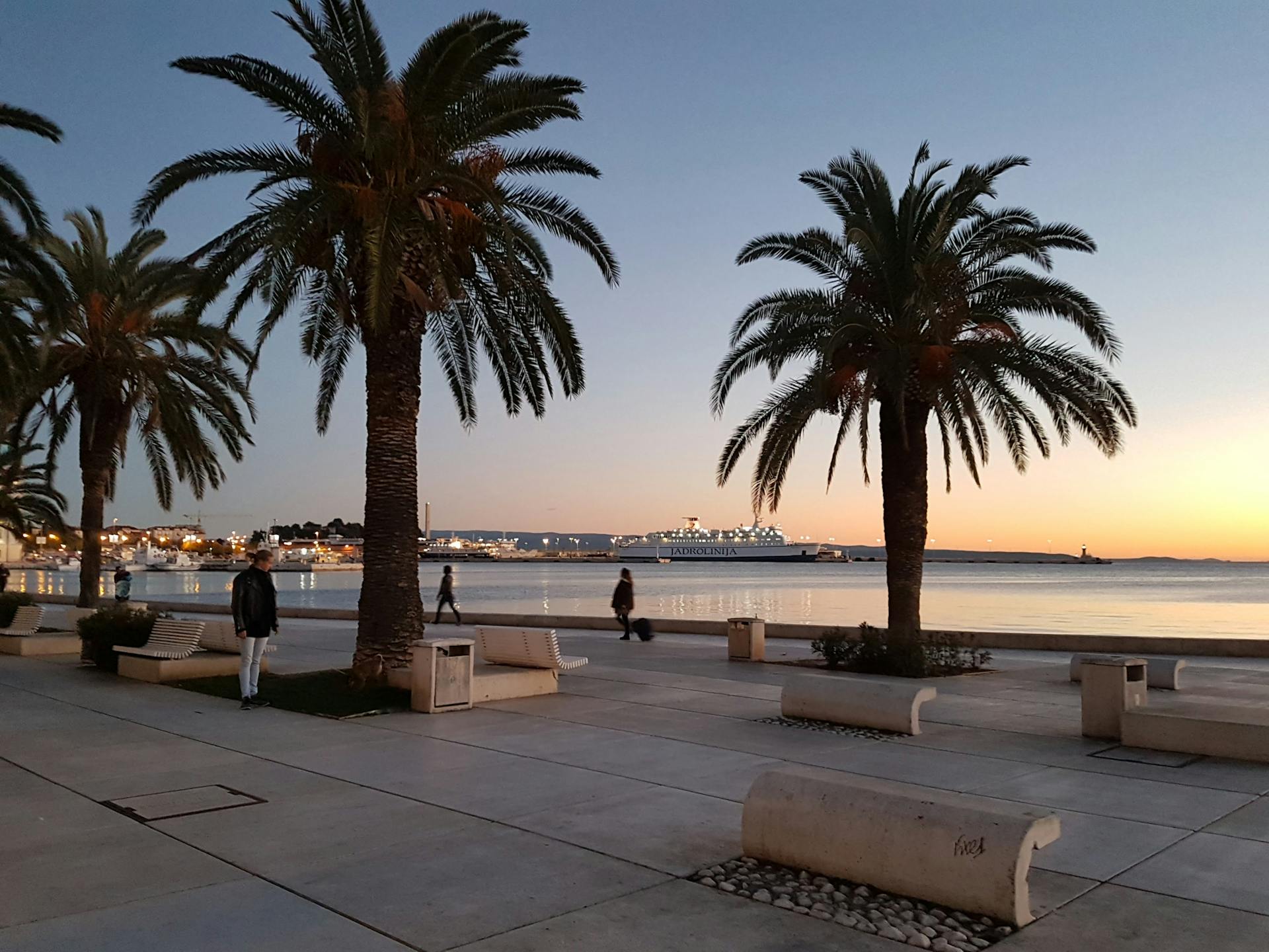 Beautiful sunset view at Croatia's waterfront with palm trees and a cruise ship in the distance.