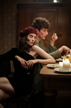 Couple enjoying a candlelit dinner with a romantic ambiance.