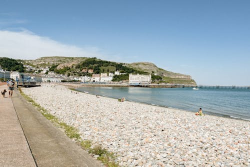 Stony coast near city and mountains