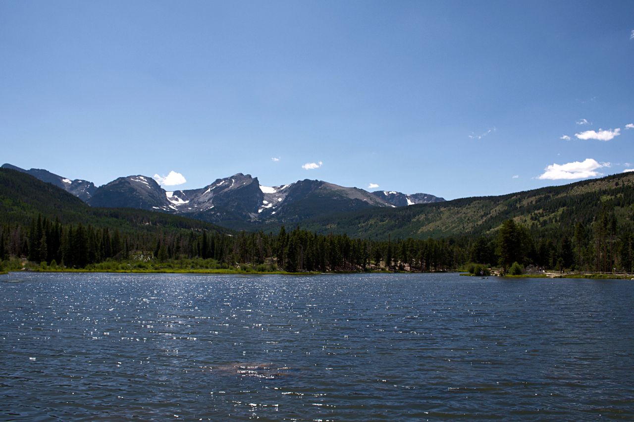 peaceful lake with mountain backdrop under blue skies in wyoming