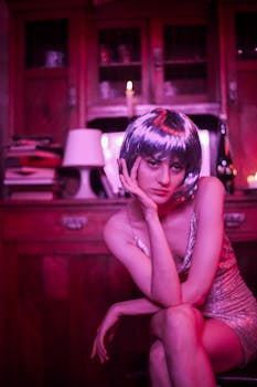 灯光明亮的房间里，一个女人戴着紫罗兰色假发，穿着闪闪发光的连衣裙，散发着喜怒无常的气氛