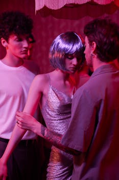 夜总会里，人们身着晚装，在鲜艳的霓虹灯下，氛围充满活力