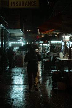 夜晚，一个人撑着伞走在繁忙的街道上，雨水浸湿的路面两旁排列着发光的市场摊位