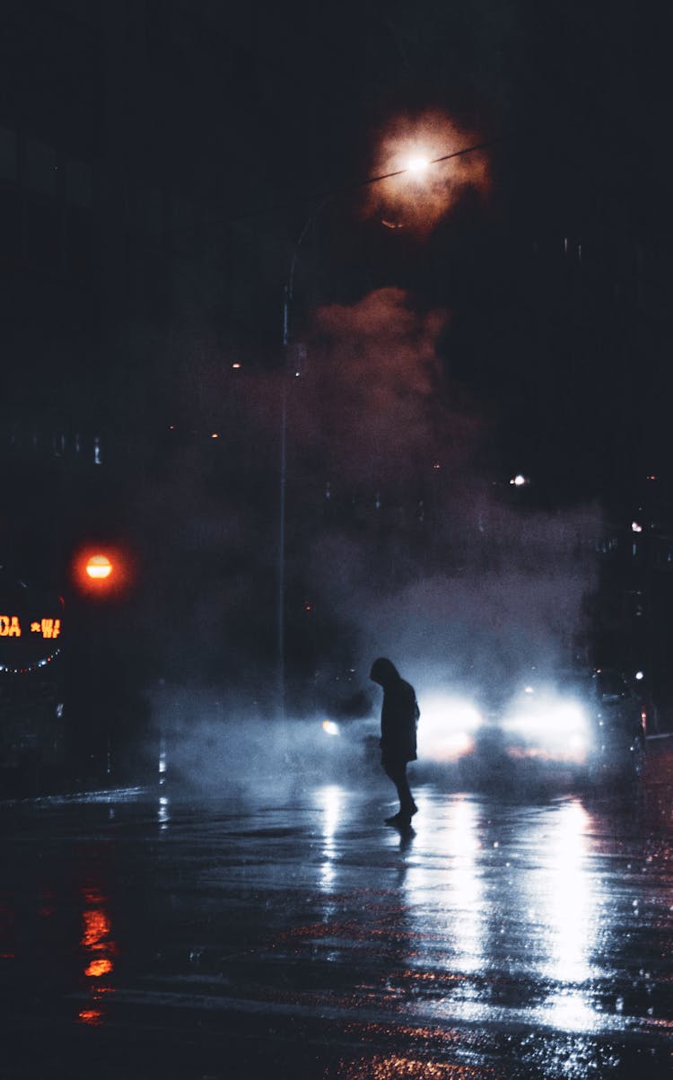 Silhouette Of Person Walking On City Street Near Car At Night