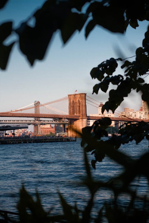 Picturesque scenery of famous Brooklyn Bridge crossing river against cloudless blue sky in New York