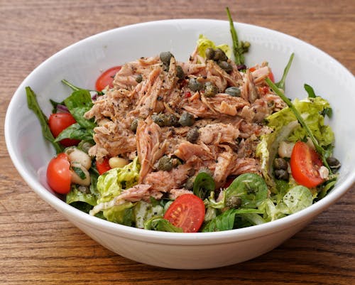 Free Vegetable Salad with meat on White Ceramic Bowl Stock Photo