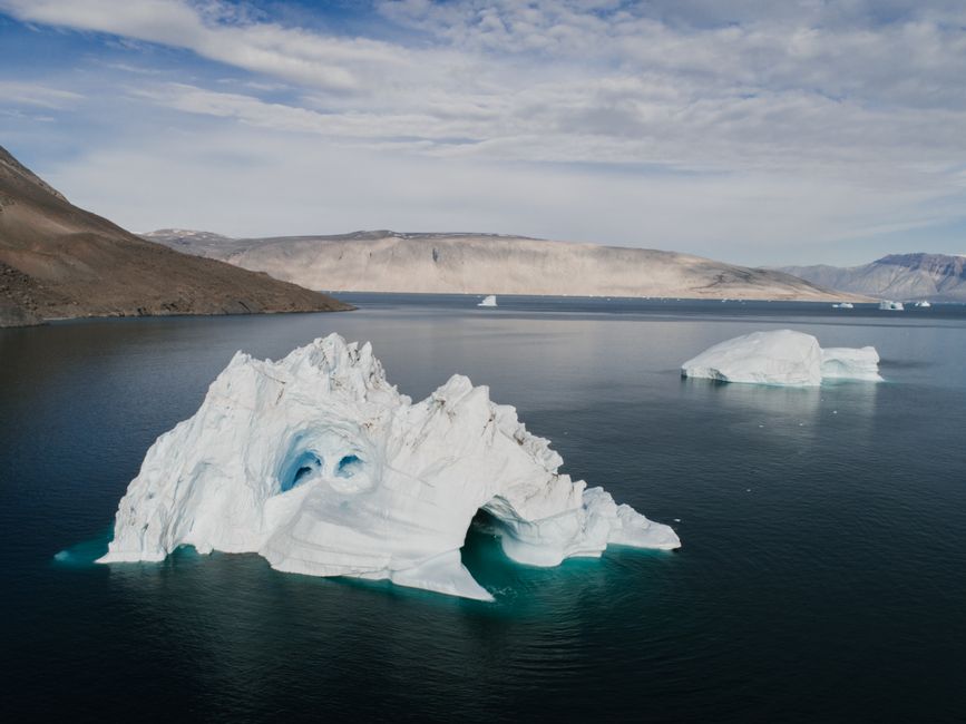 A breathtaking view of majestic Arctic icebergs floating in serene waters against a mountainous backdrop.