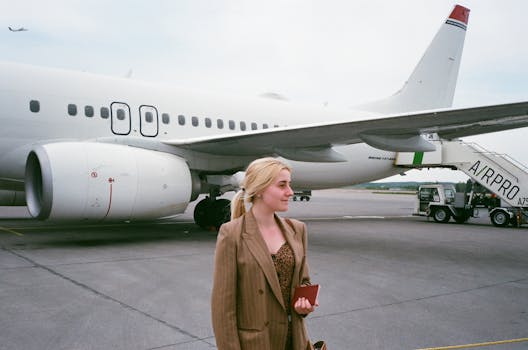 A stylish young woman holding a passport stands by an airplane on the tarmac.