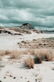 Explore the stunning sand dunes of Leba, Poland, highlighted by dramatic clouds and natural landscapes.