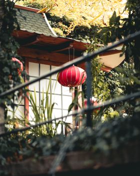 亚洲花园景观宁静宜人，采用传统建筑风格，点缀着红色灯笼和郁郁葱葱的绿化