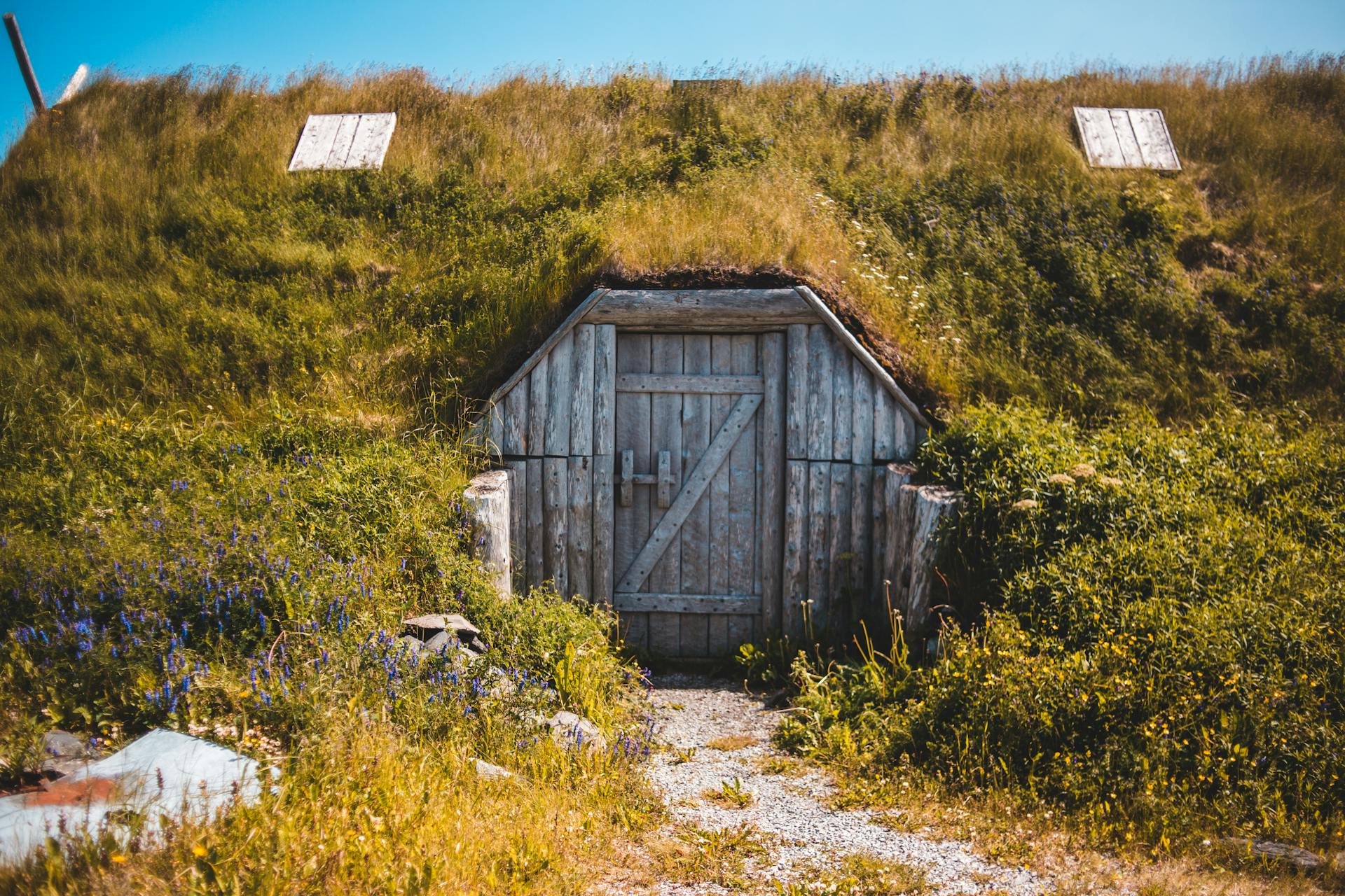 Old typical sod roofed house with wooden doors located in Norstead Viking Village in Newfoundland on sunny day