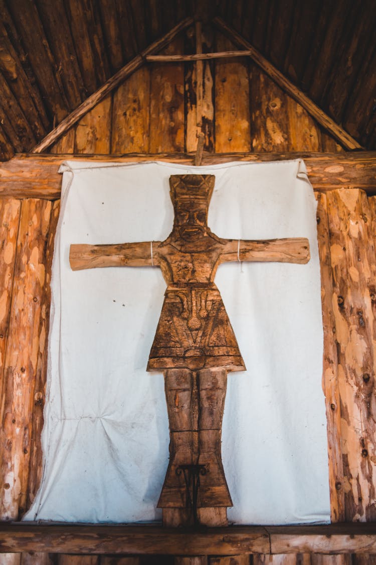 Old Wooden Cross Inside Of Rustic Church