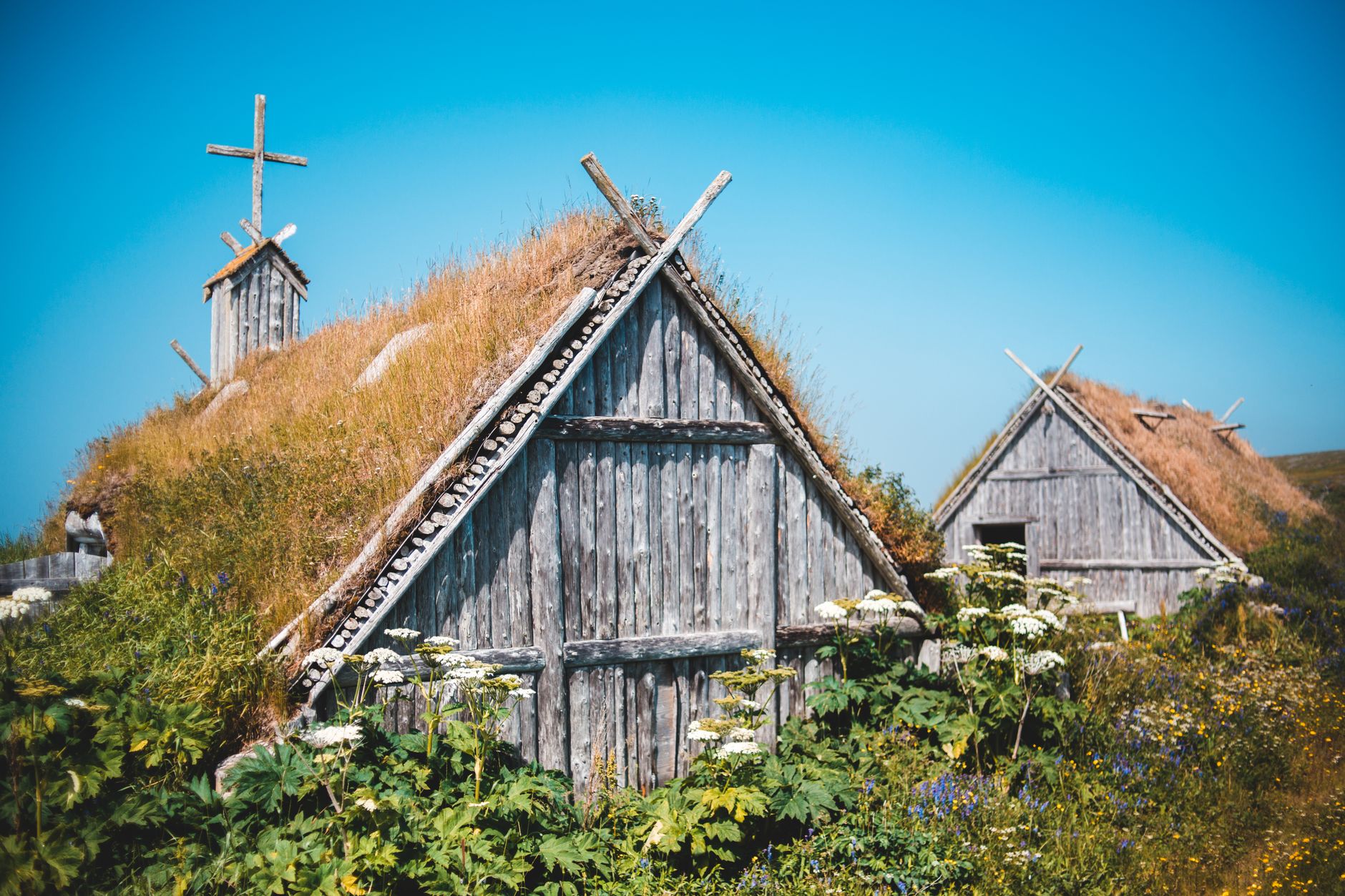 Exterior of lumber shed and church among lush green plants in traditional Norstead Viking Village against cloudless blue sky