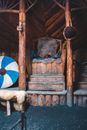 Wooden Nordic hut with traditional interior