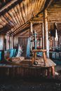 Interior of old authentic wooden Nordic house with rustic interior and decorative horns in Norstead Viking Village