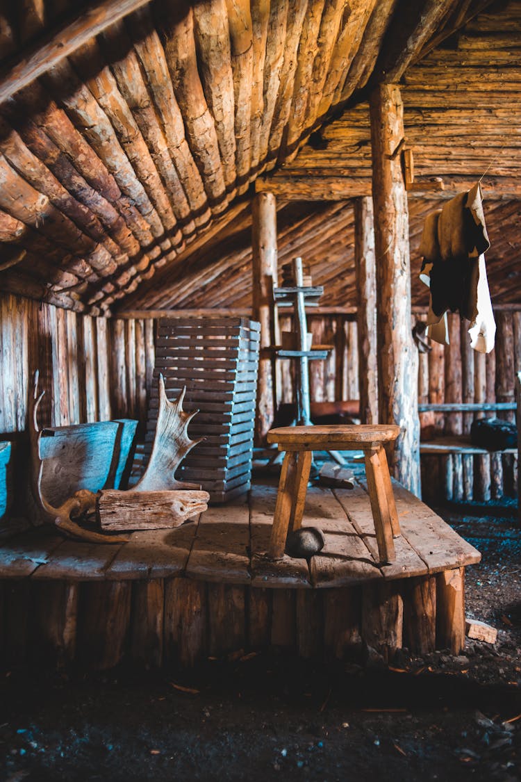 Interior Of Aged Lumber Cabin In Village