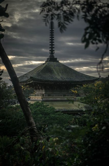 Amazing scenery of Asian Buddhist temple located amidst green trees in park under cloudy overcast sky