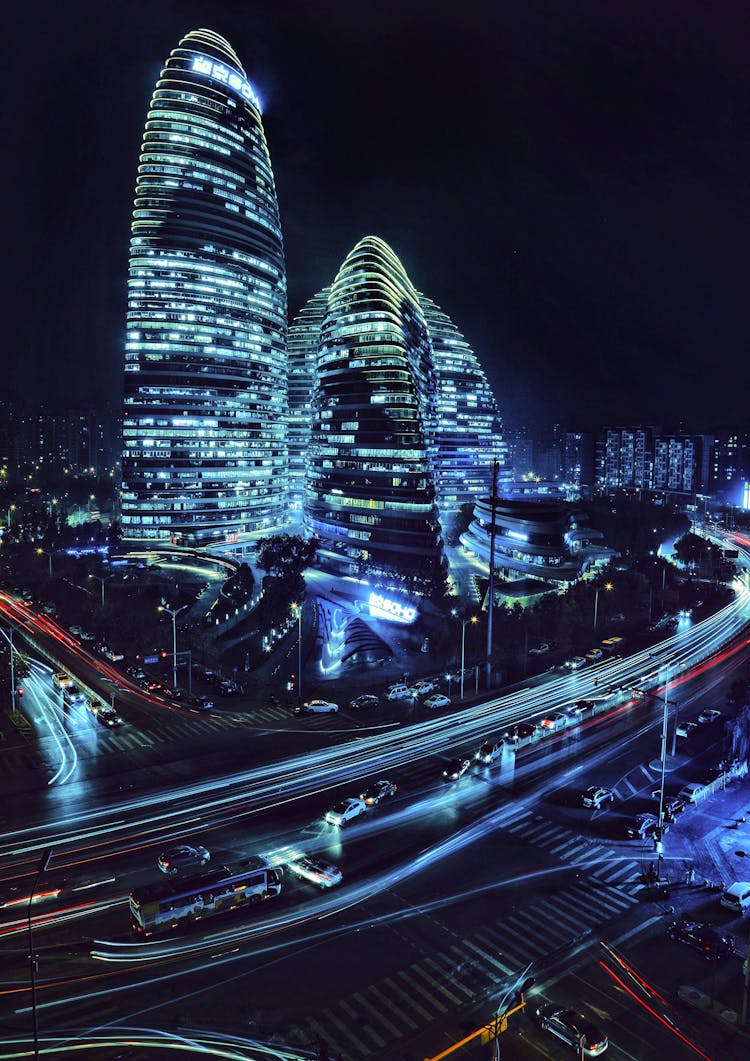 Moving Cars On The Road Near Wangjing Soho Buildings