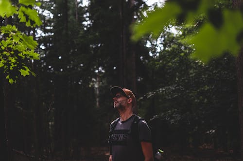 Free A Man Wearing Hat Standing in the Forest Stock Photo