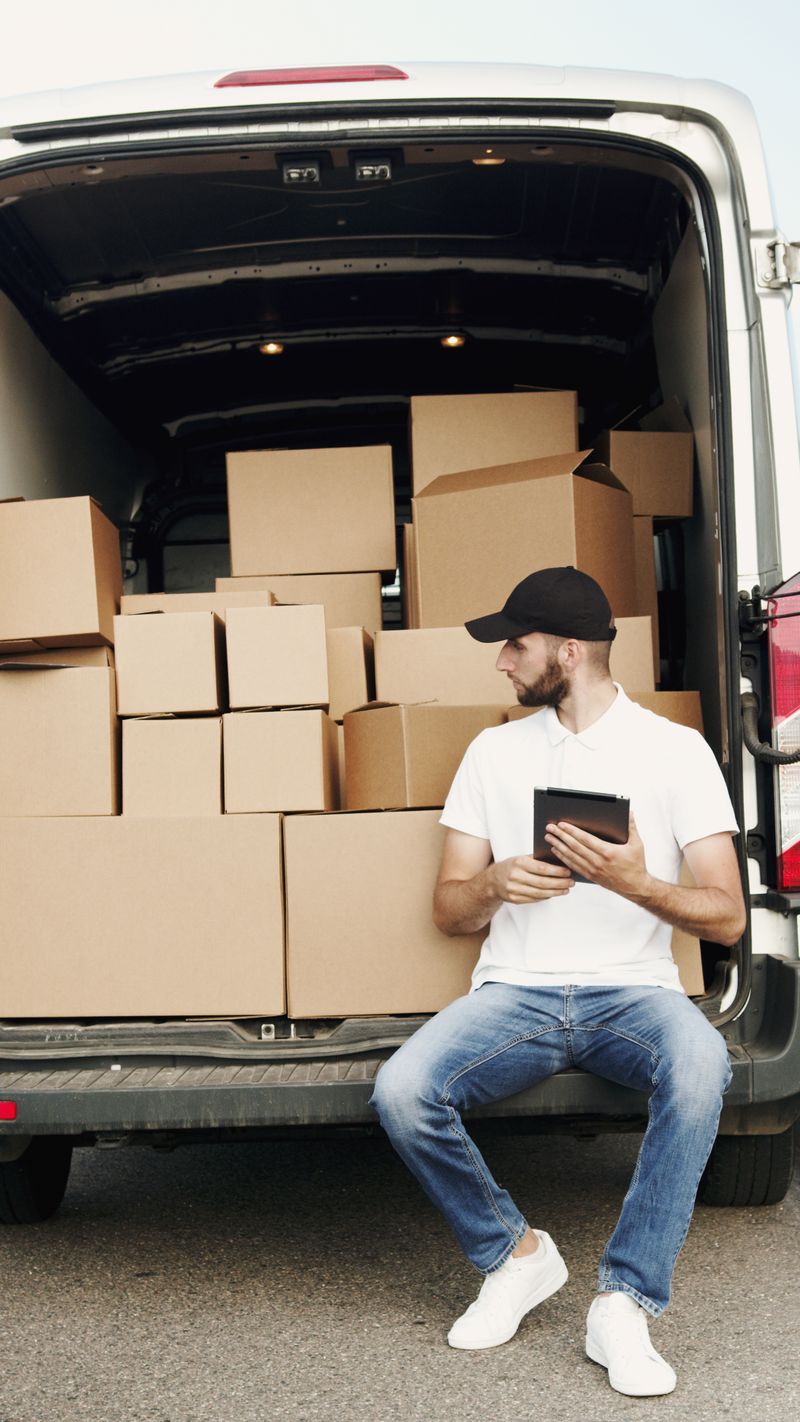 An Ironvale courier checking a tablet beside parcels loaded in a van