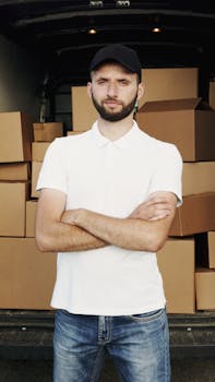A deliveryman standing confidently in front of a van loaded with cardboard boxes, ready for dispatch.