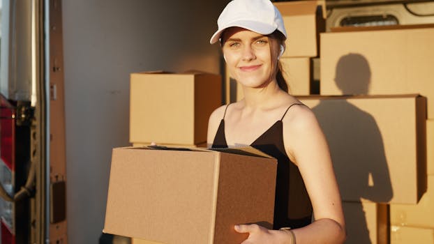 A cheerful female courier holds a cardboard box, symbolizing fast delivery service.