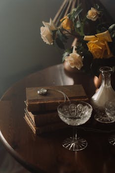 A serene still life featuring vintage books, a pocket watch, and a bouquet of roses on a wooden table.