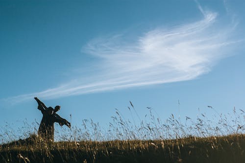 Silhouette of a Couple Standing Under Blue Sky