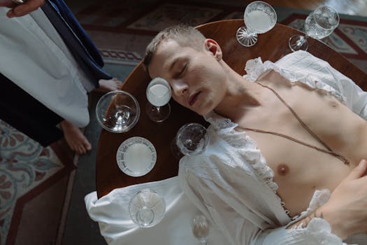 Moody artistic portrait of a shirtless man surrounded by crystal glasses in a conceptual setting.