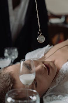 一个男人手持摆动的怀表和酒杯，摆出迷人的姿势，营造出电影般的效果