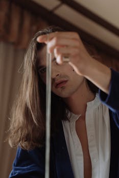 Stylish man with long hair and silver chain exudes an androgynous allure indoors.