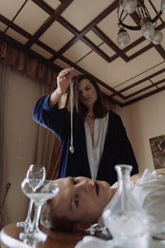 A captivating scene of a hypnotic ritual indoors with a mysterious ambiance.