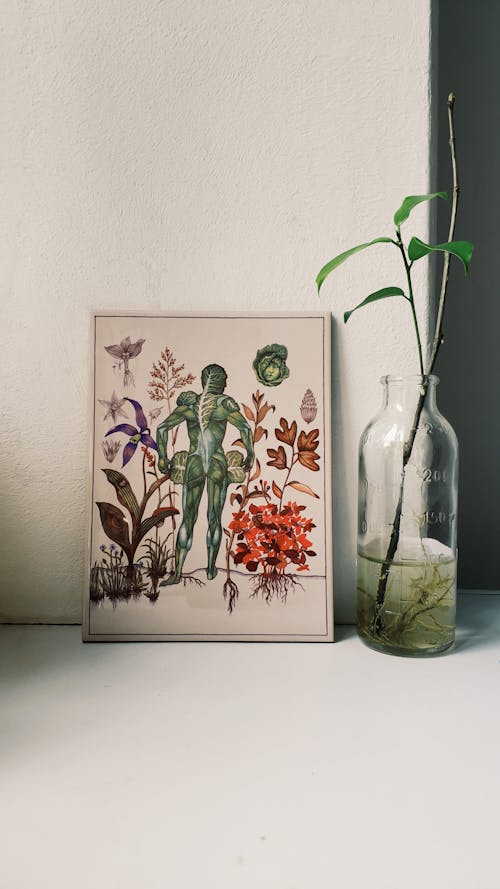 Free Small painting placed next to vase with plant Stock Photo