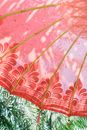 Low angle of fragment of vivid red umbrella with long thin ribs and ornaments under green leaves of exotic plant in summertime