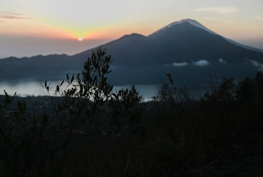 Peaceful coastline with greenery against calm lake and blurred mountain under sundown sky