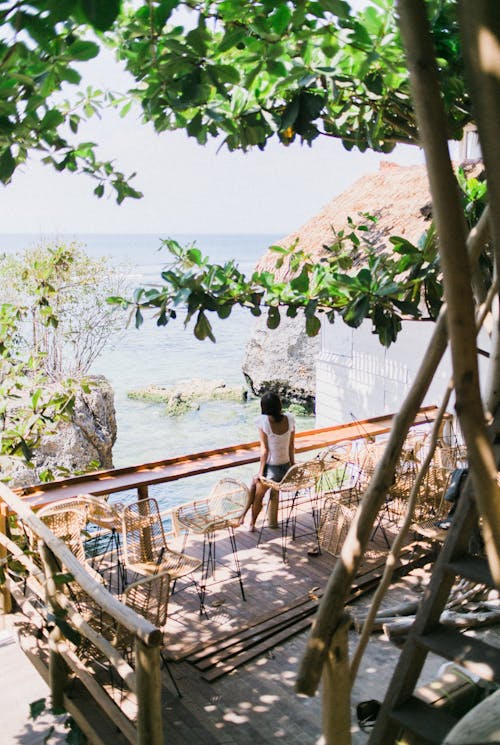 High angle of woman on terrace under exotic trees observing peaceful coast in tropical sunlight