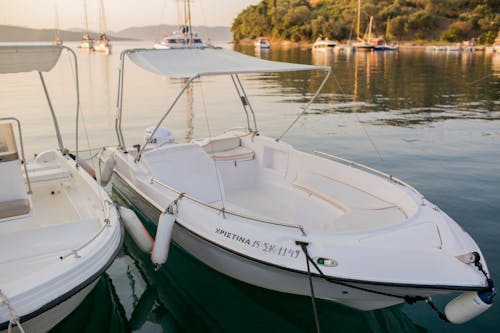 White yachts in row moored at pier against green hills and calm water