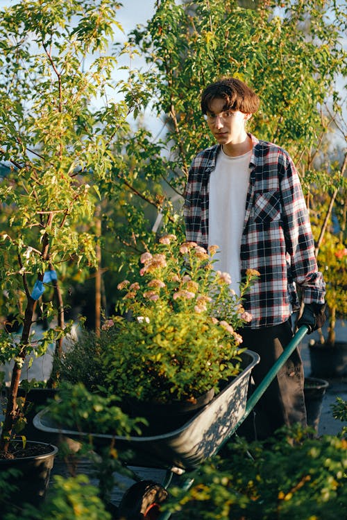 Young Man with Wheelbarrow in Garden