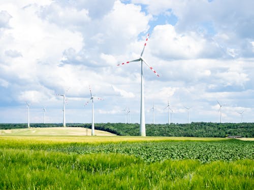 White Wind Turbines on Green Grass Field Under White Clouds