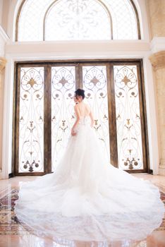 Elegant bride in lace bridal gown stands by ornate window, showcasing stunning back view.