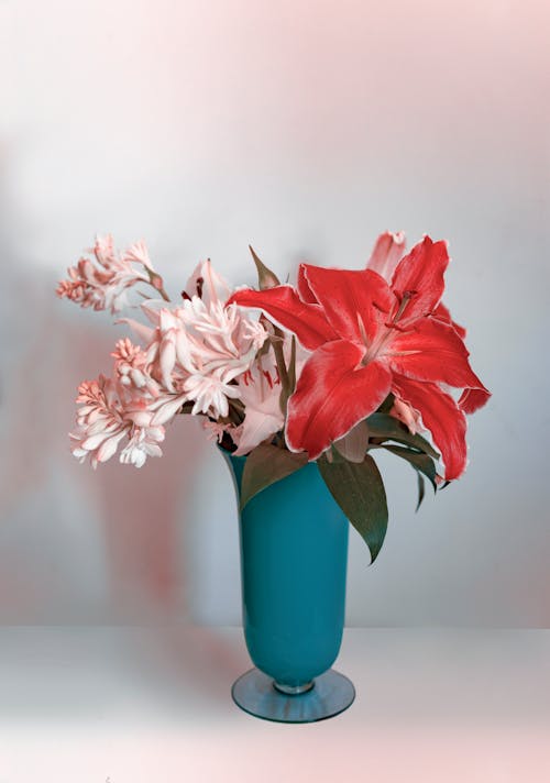 Pink Flowers in Blue Vase